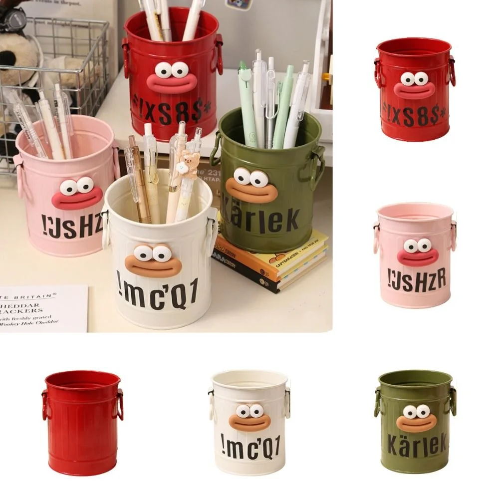 Metal Large Mouth Pen Holder with Stickers Funny Pencil Holder Multifunctional Tabletop Storage Pen Organizer Makeup Storage