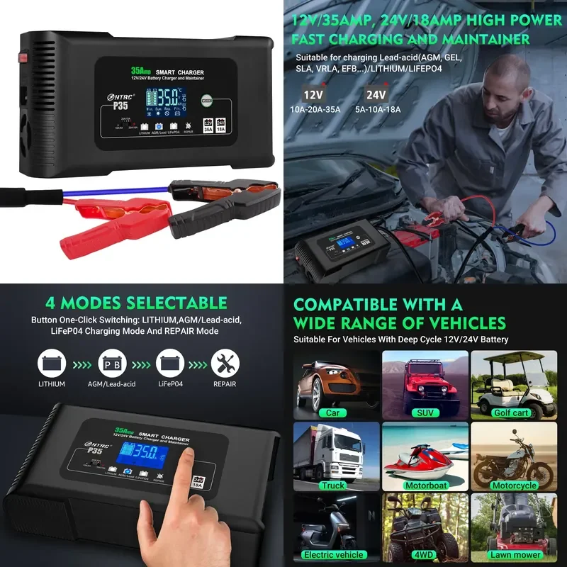 Brand New HTRC 12V/35A 24V/18A Automatic Battery Charger for Car Motorcycle Truck ATV SUV Boat AGM Lead Acid GEL Battery Repair