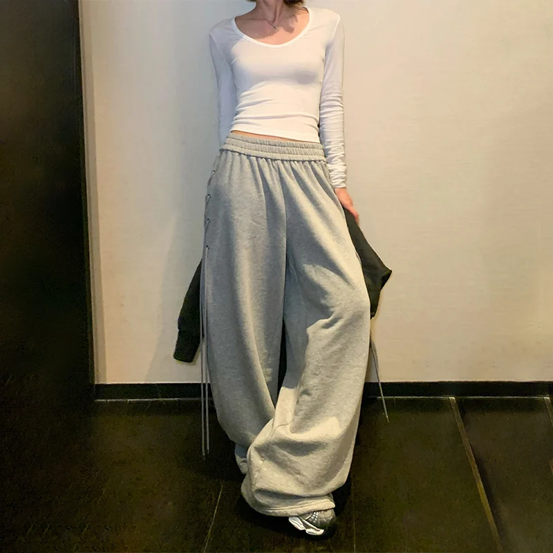 Y2K Side Lace-Up Retro Gray Sweatpants for Women 2025 Autumn New Oversized Sports Pants Gothic High Elastic Waist Baggy Trousers