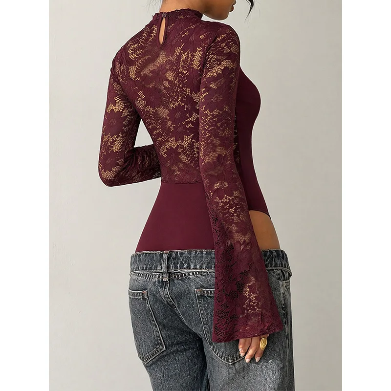 Benuynffy Sexy Cut-out Keyhole Back Lace Bodysuit Women 2026 Autumn New Club Party Long Sleeve Elegant One Piece Tight Body Tops