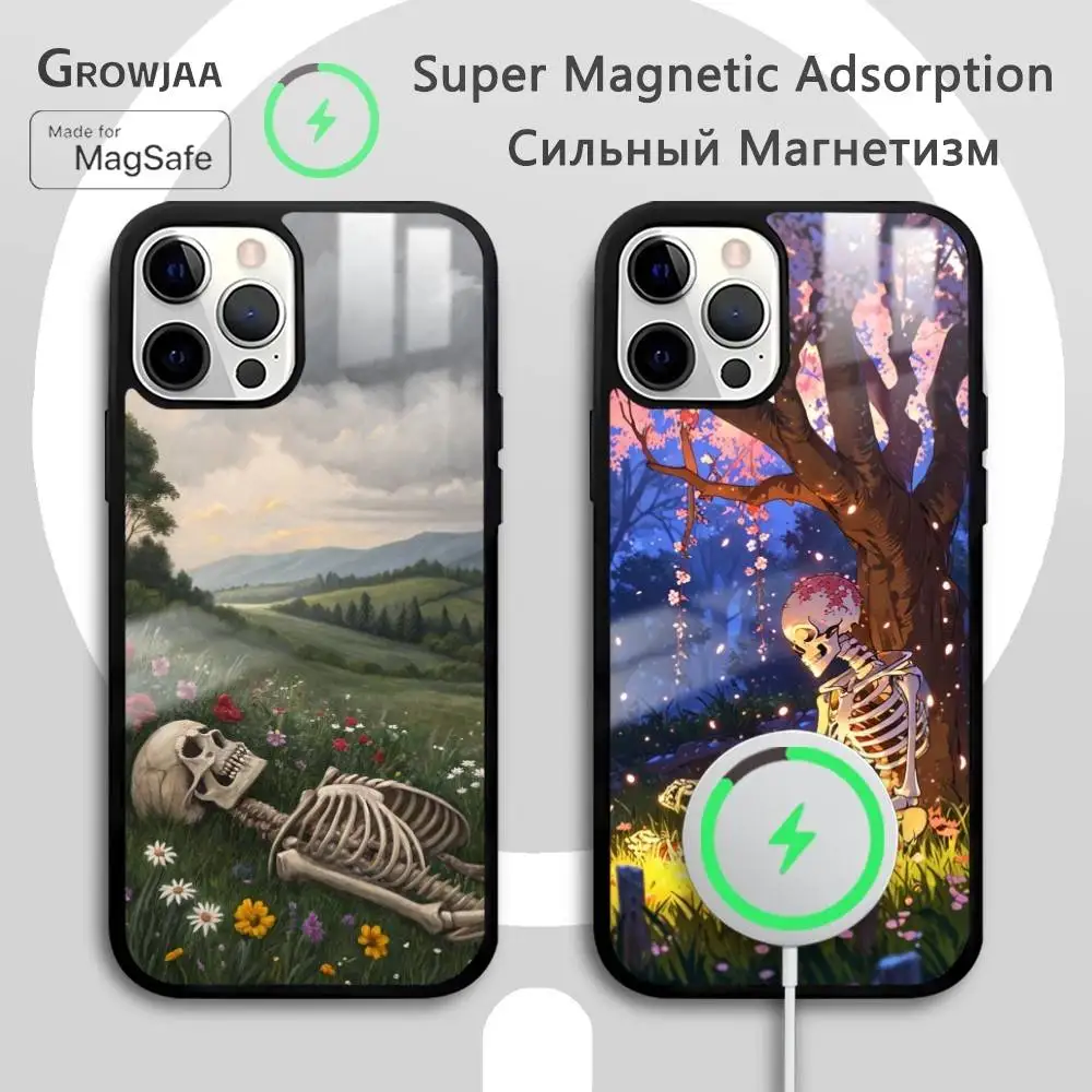 

Lonely Skeleton Flower Phone Case For IPhone 17 16 15 14 13 12 11 Pro Max Plus Mini Magsafe Mirror Wireless Magnetic Funda