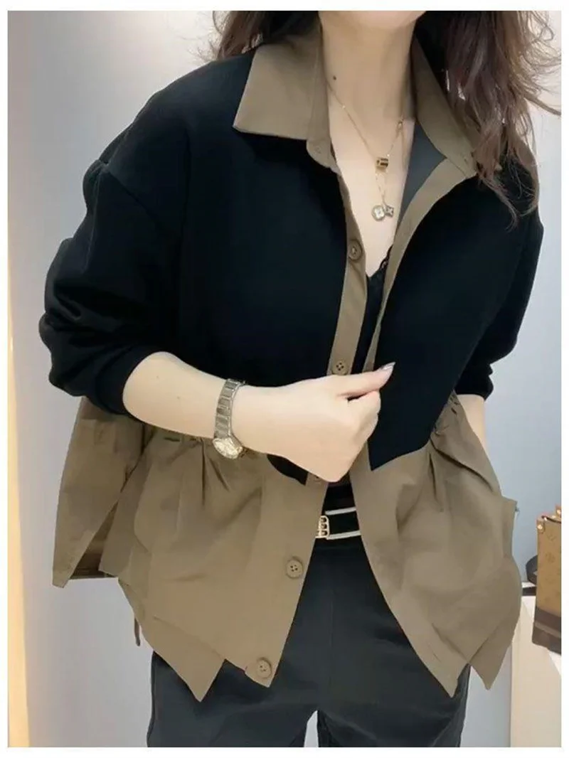 2024 Korean High-end Contrast Stitching Female Coat Spring New Exotic Polo Collar Double Pocket Loose Casual Mother's Jacket WCH