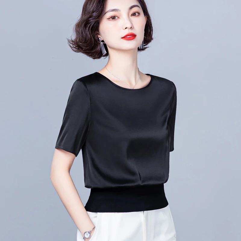 Summer Simple White Black Short Sleeve Silk Blouse Women Shirts Korea Office Ladies Work Party Blouses Female Slim Casual Tops