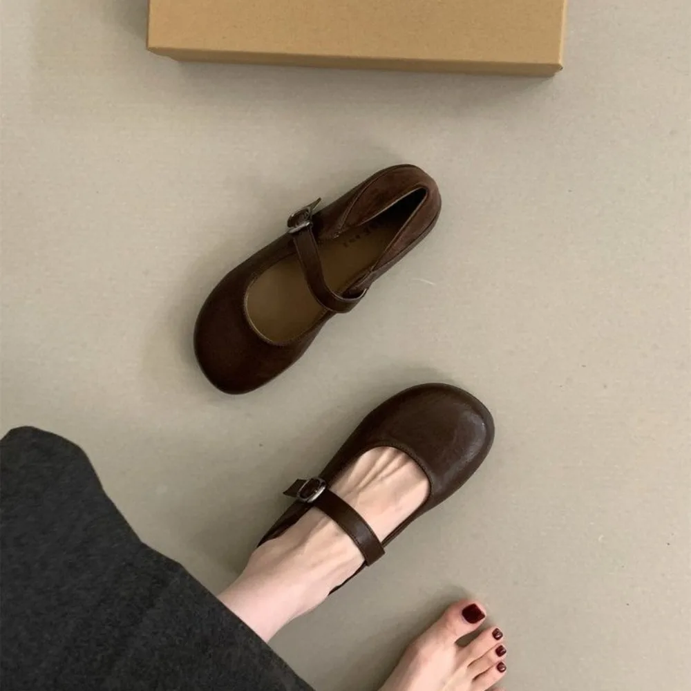 Spring Autumn Fashion Mary Jane Shoes Female Leather New Snap Ballet Shoes Women Square Toe Flat Cowhide Ladies Shoes