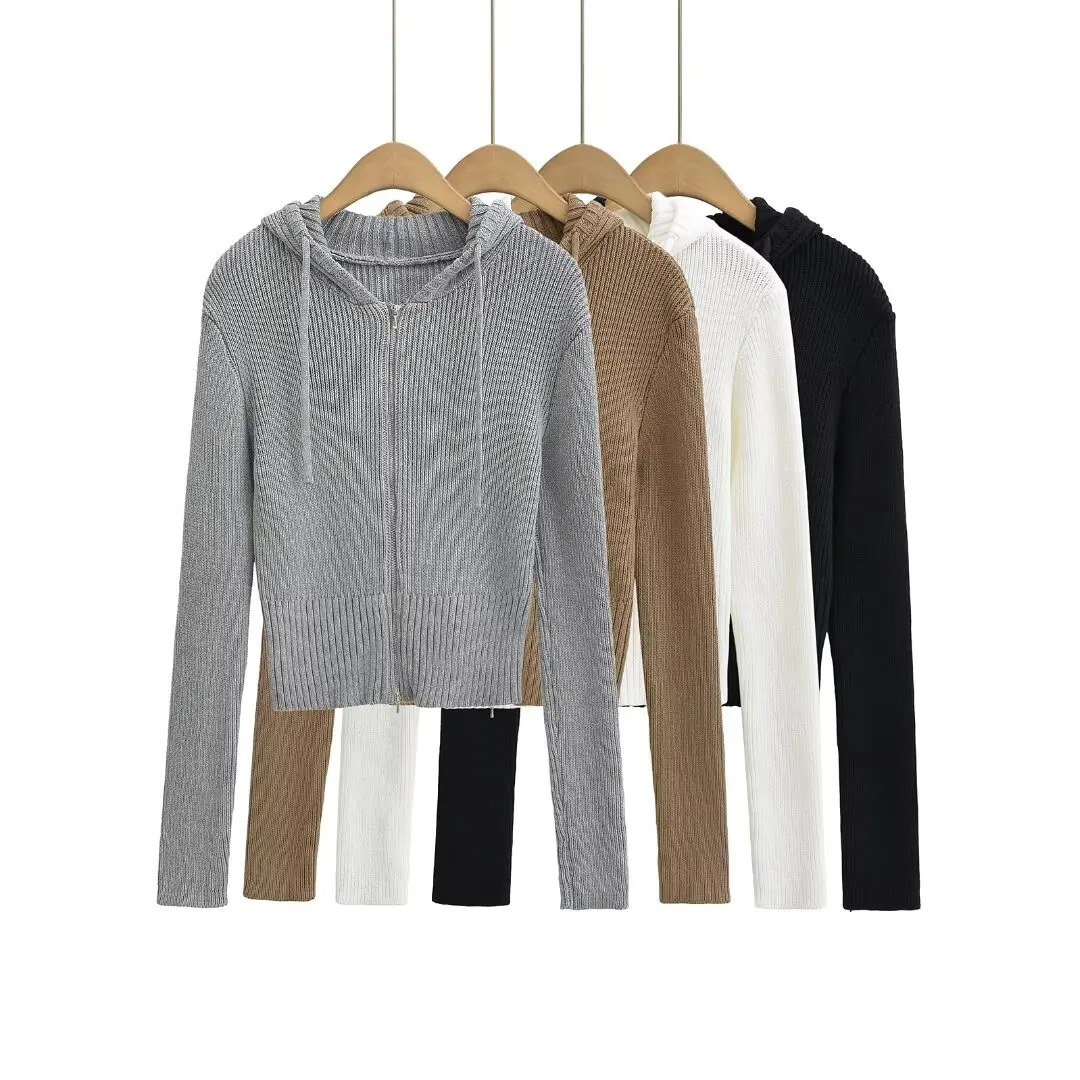 Sweet Style Hooded Knitted Sweater Long Sleeve Slim Fit Zipper Cardigan Casual Wear Show Figure Hot Girl Spring Autumn
