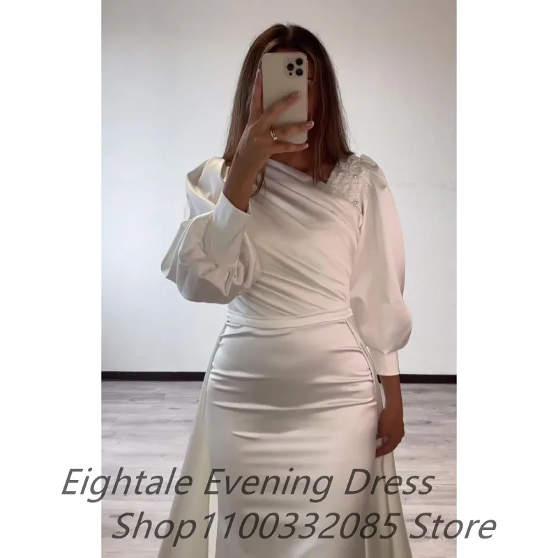 Eightale White Satin Mermaid Long Puff Sleeve Evening Dress Wedding Party Prom Dress Dubai Party Gown Robe de soiree Customized