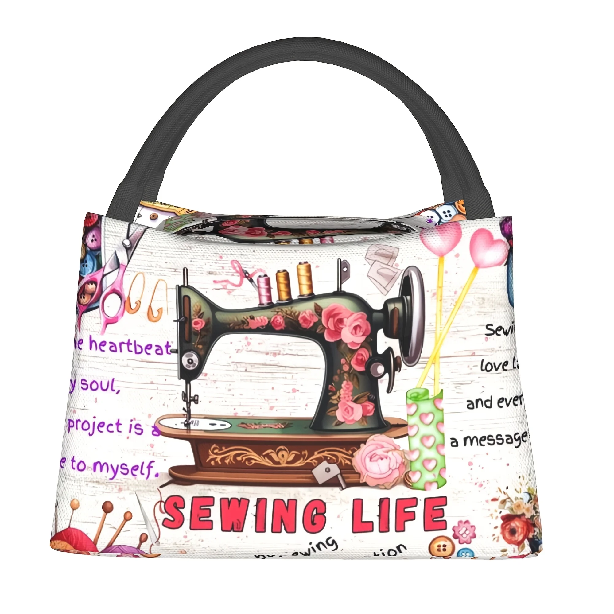 1pc Happy New Year Sewing Machine Text Pattern, Portable Reusable Cooler Bag, Insulated Bag, Insulated Lunch Bag