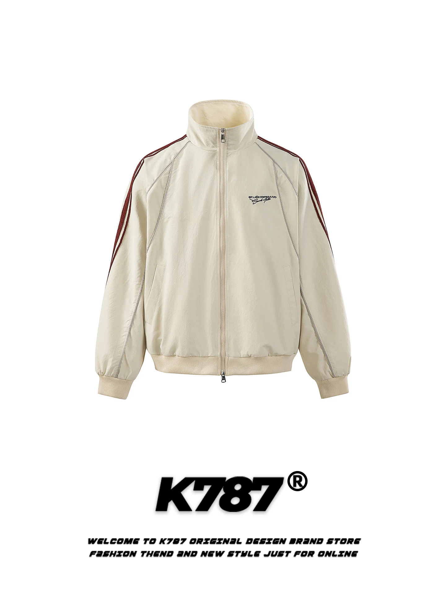 

K787 American Retro Color Blo Stand Collar Jaet Loose Casual ex Spring Outerwear Polyester Long Sve Zipper Coat