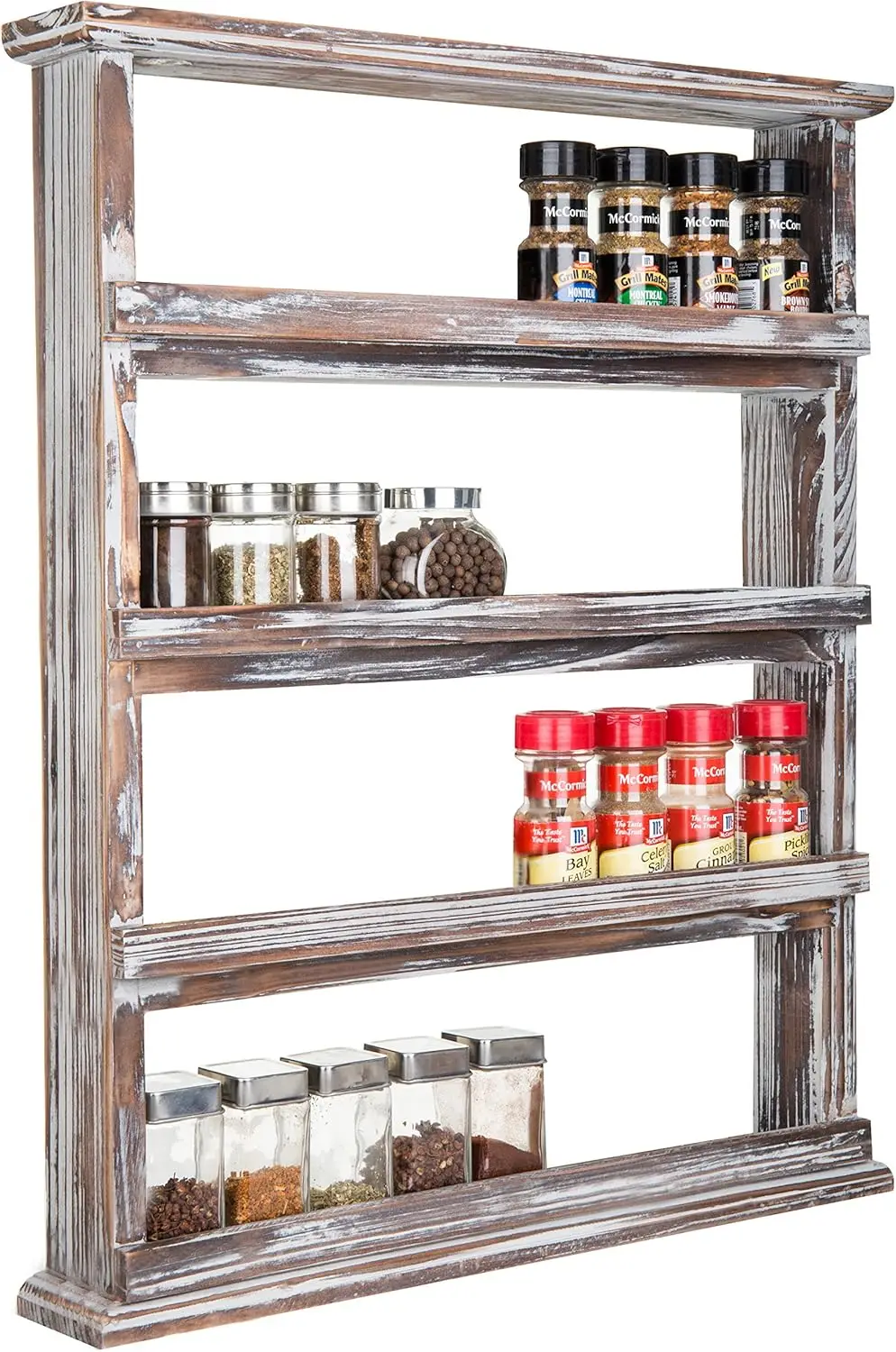 

Rustic Torched Wood Wall Hanging Spice Rack, 4 Tier Seasoning Jar Shelves Pantry Organizer