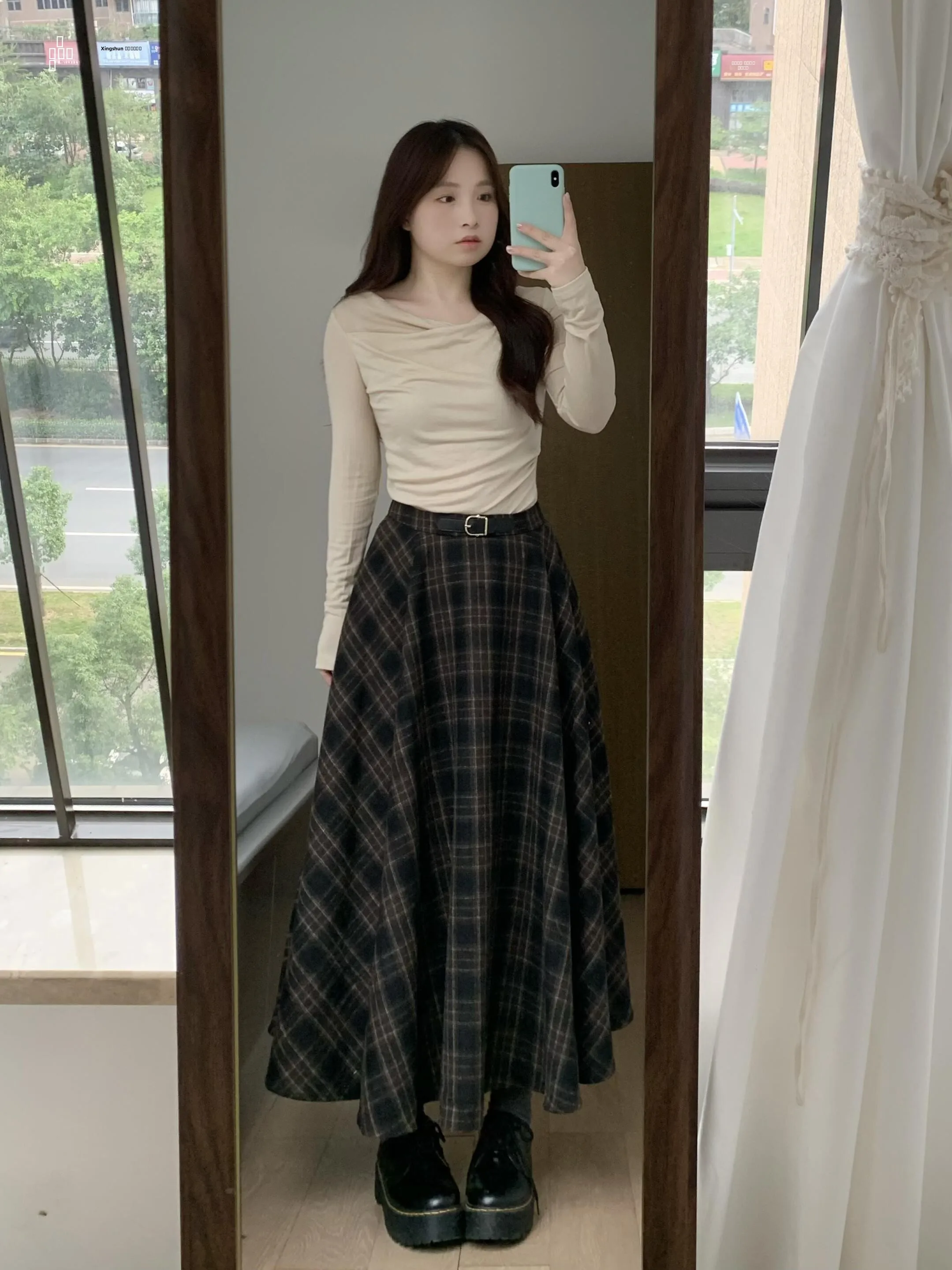 

Ретро-юбка миди в клетку с завышенной талией, женская повседневная свободная длинная юбка, осенне-зимний модный дизайн, длина до колена