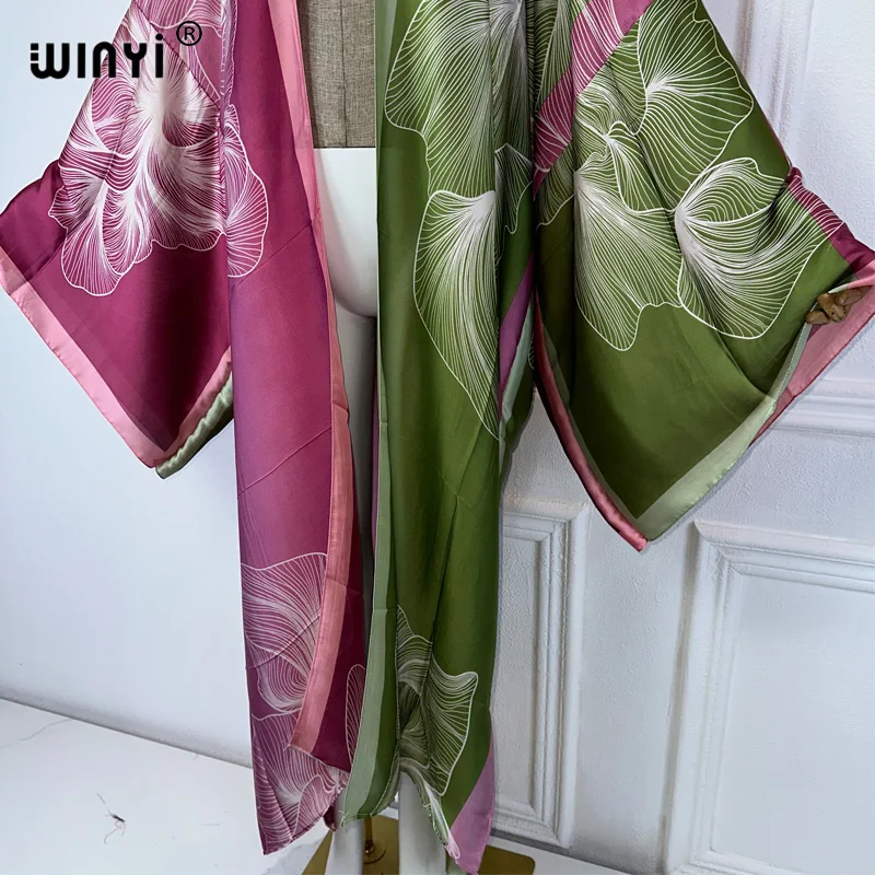 WINYI Kimono damskie letnie nadruk boho sweter z długim rękawem bluzka damska abaya stroje plażowe kobiety zakrywają boho maxi sukienkę