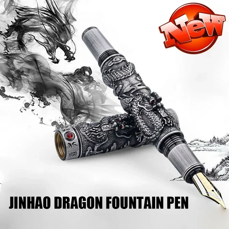 New Jinhao Dragon Fountain Pen Gray Steel Metal 18K gold Medium Nib Vintage Pens Heavy Pen Office Signature Stationery