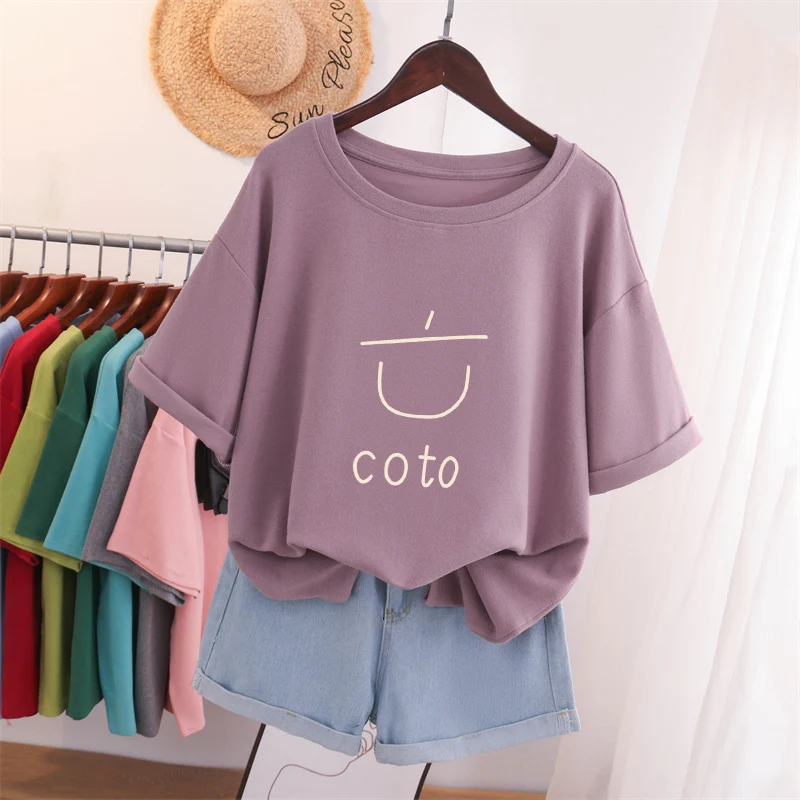 DAYIFUN-T-shirts à manches courtes pour femmes O Neck Cotton Tops Loose Fitting Tees Design imprimé Hong Kong Style grande taille T-shirts Ins