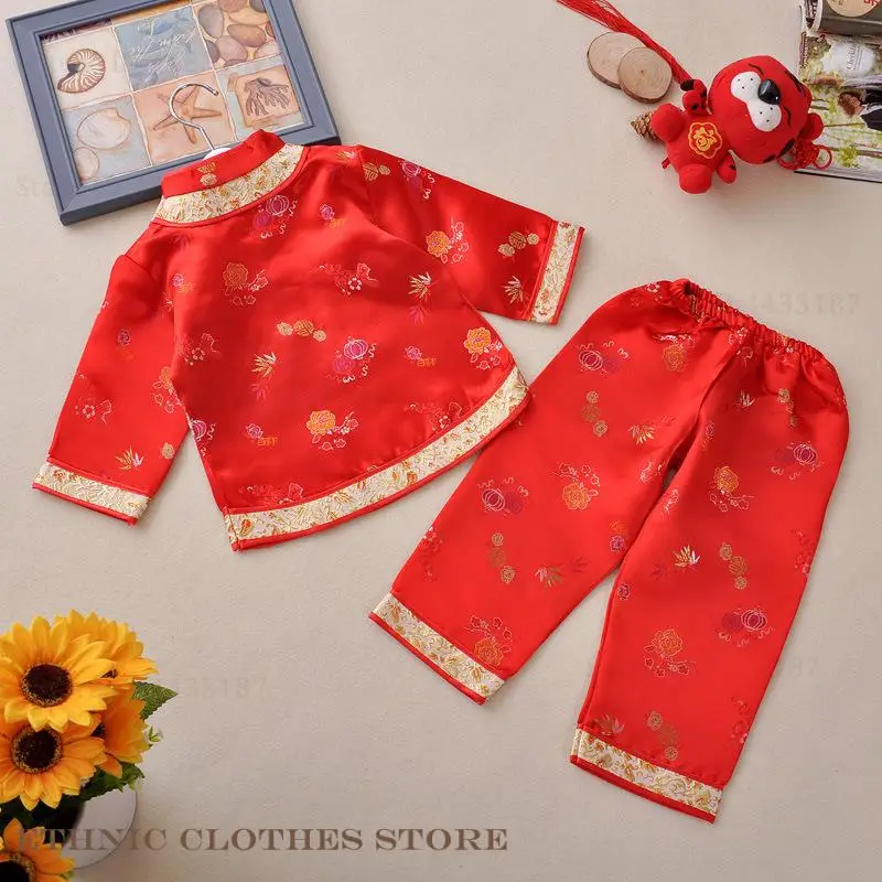 Silk Brocade Children Girls Tang Suit Spring and Autumn Costume Stage Performance Costume Chinese New Years 2PCS Shirt&Pants