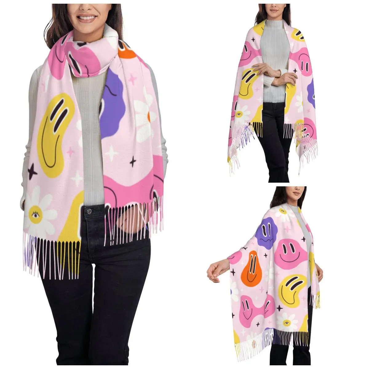 Trippy Melted Face Meme And Flowers Shawl Wraps Womens Warm Large Long Scarf Pashminas Shawl Scarves