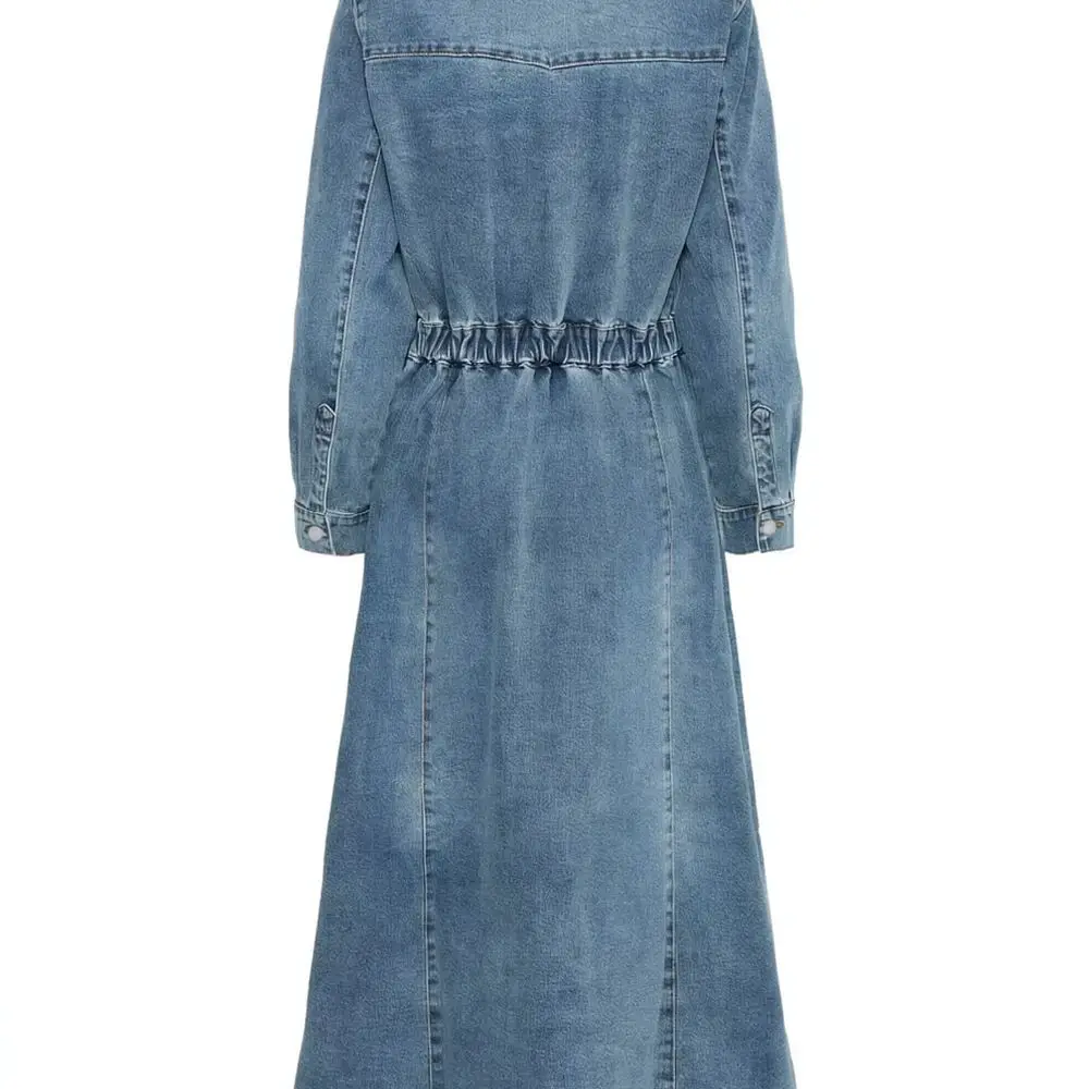 Vintage Style Women Denim Dress Slim Fit Long Sleeve Jean Gown Elastic Casual Plus Size Elegant Princess Sleeve Blue Dress