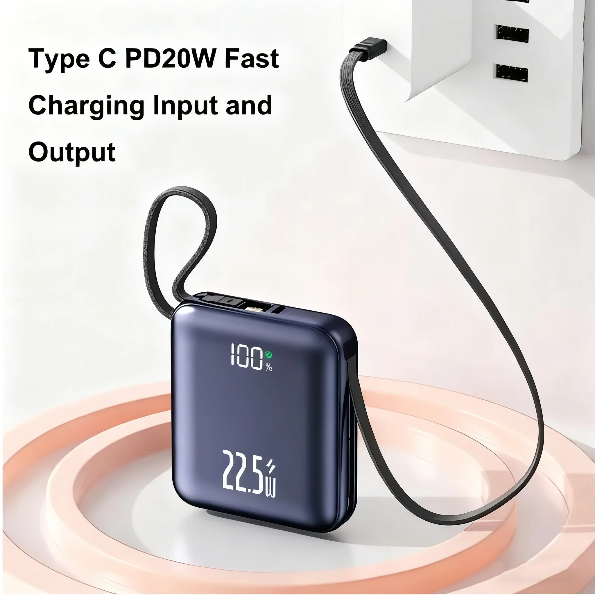 Mini Power Bank 20000mAh Zewnętrzny Akumulator 22.5W Szybkie Ładowanie Do iPhone 17 Xiaomi Samsung Przenośna Ładowarka z Kablem Powerbank