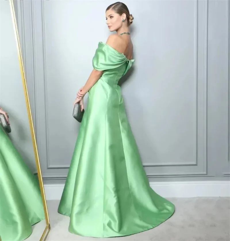 Verde fluorescente simples cetim vestido fora do ombro, sem mangas, pescoço querido, linha A, costas com zíper, festa, baile de formatura, ocasiões formais, novo