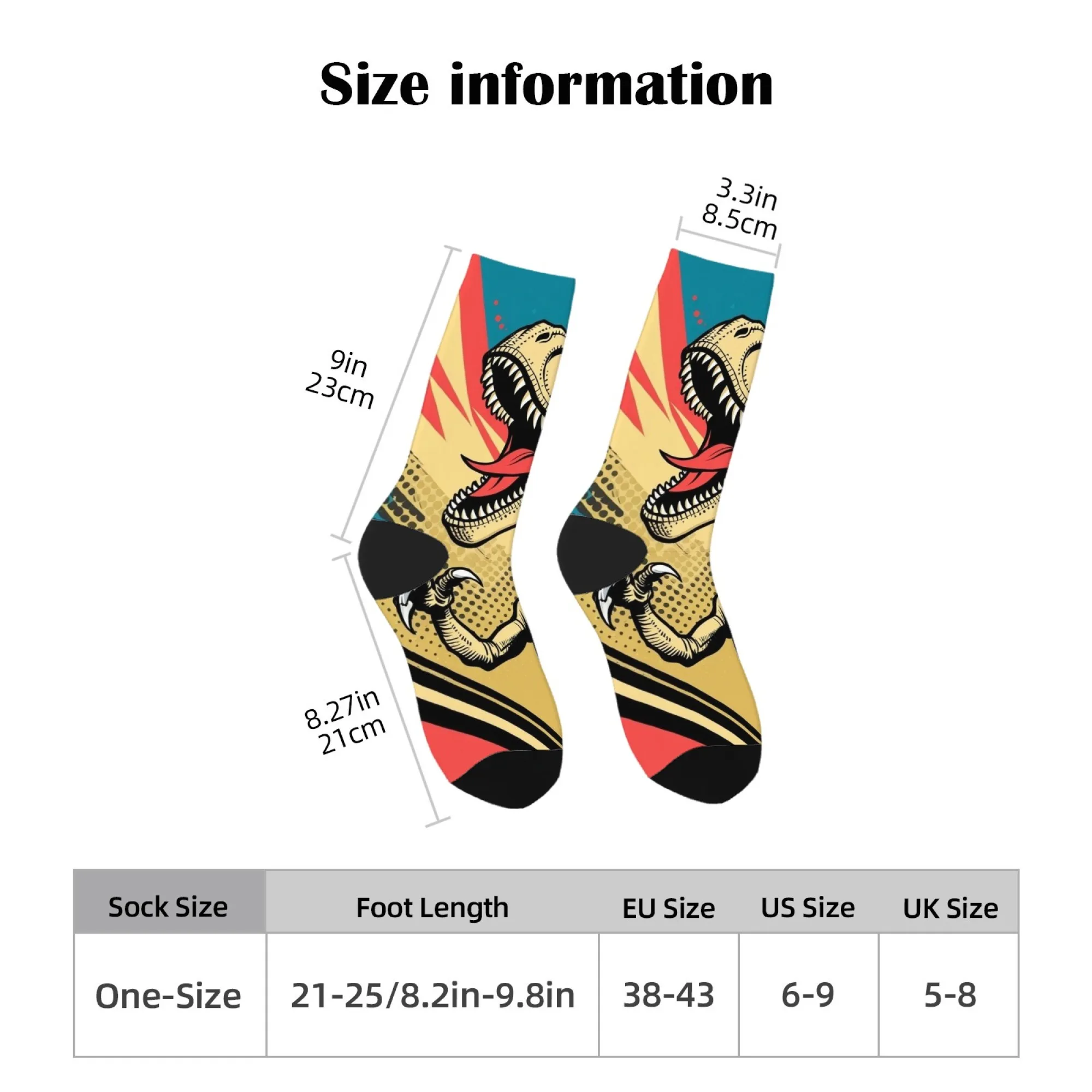 Kolorowe, stylizowane skarpetki z dinozaurem T-rexem, skarpetki załogowe w stylu retro komiksowym, nowatorskie, zabawne skarpetki w stylu vintage streetwear.