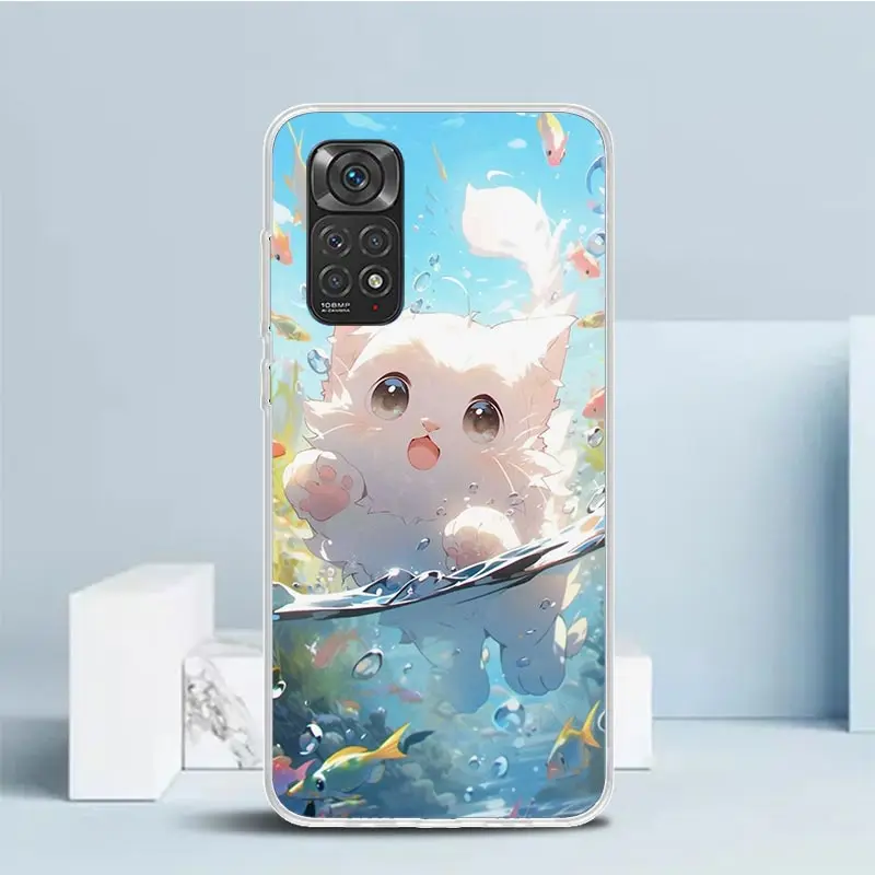 Cartoon Cute Cat Fish Aesthetic Phone Case For Xiaomi Redmi Note 13 12S 12 11S 11 11T 11E Pro Plus 10S 10 9S 9 8T 8 7 + Soft TPU