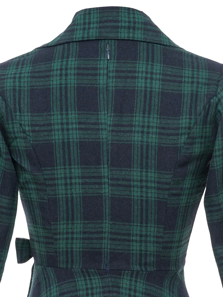 Tonval Notched Collar Green Plaid Vintage High Waist Dress Autumn Winter Women 3/4 Length Sleeve 1950S Rockabilly Midi Dresses