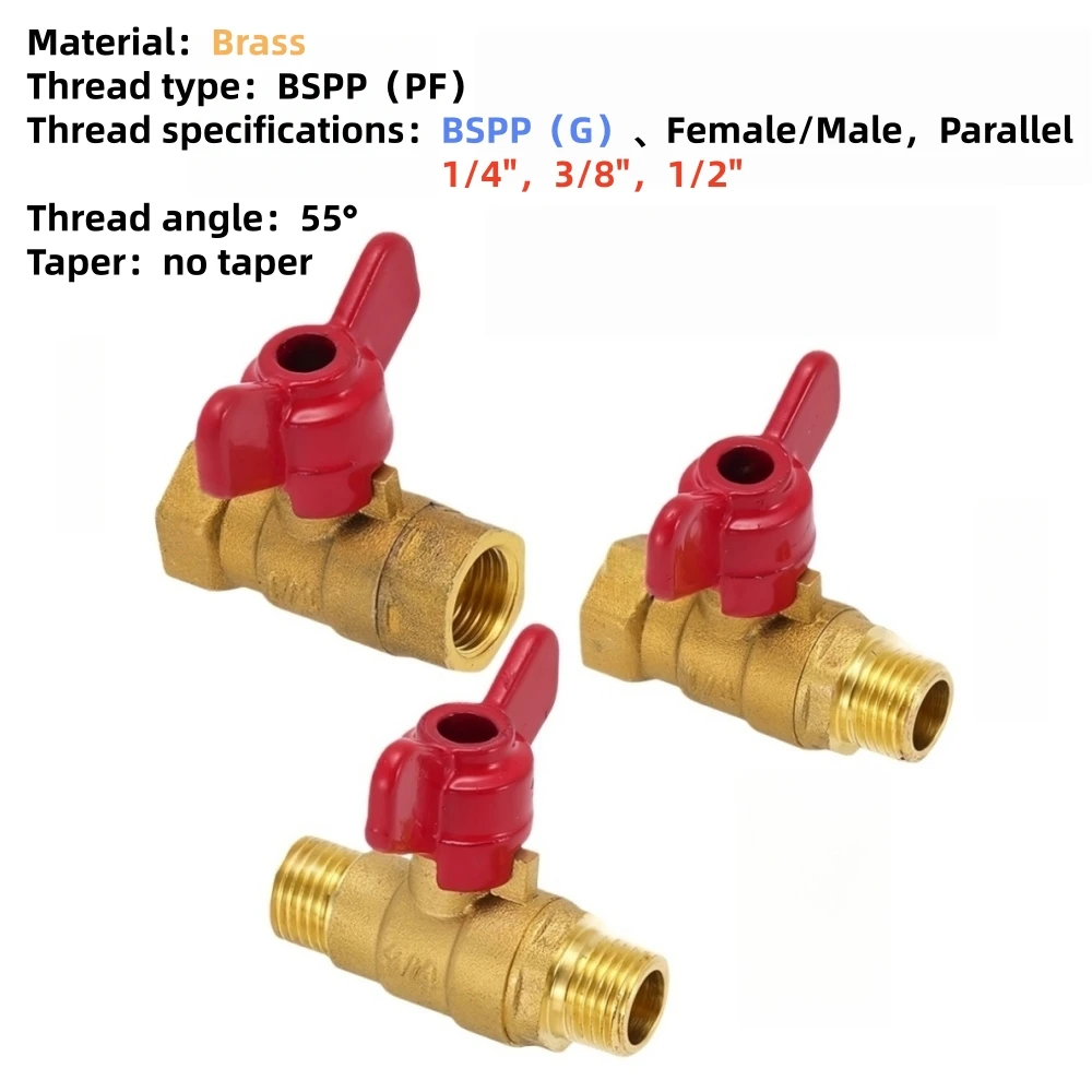 

Brass Ball Valve 1/4 3/8 1/2 BSPP Female Thread Shut Off Switch with Butterfly Handle for Water Gas Oil Air Pipe Connector