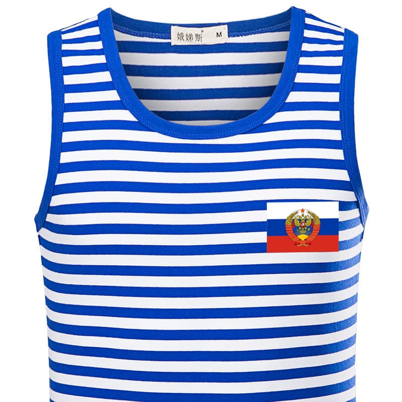 

Novel Soviet Union Symbol Russian Badge Flag Patriotic Striped Vests 100% Cotton O-Neck Sailor's Striped Shirt Mens Tank Top