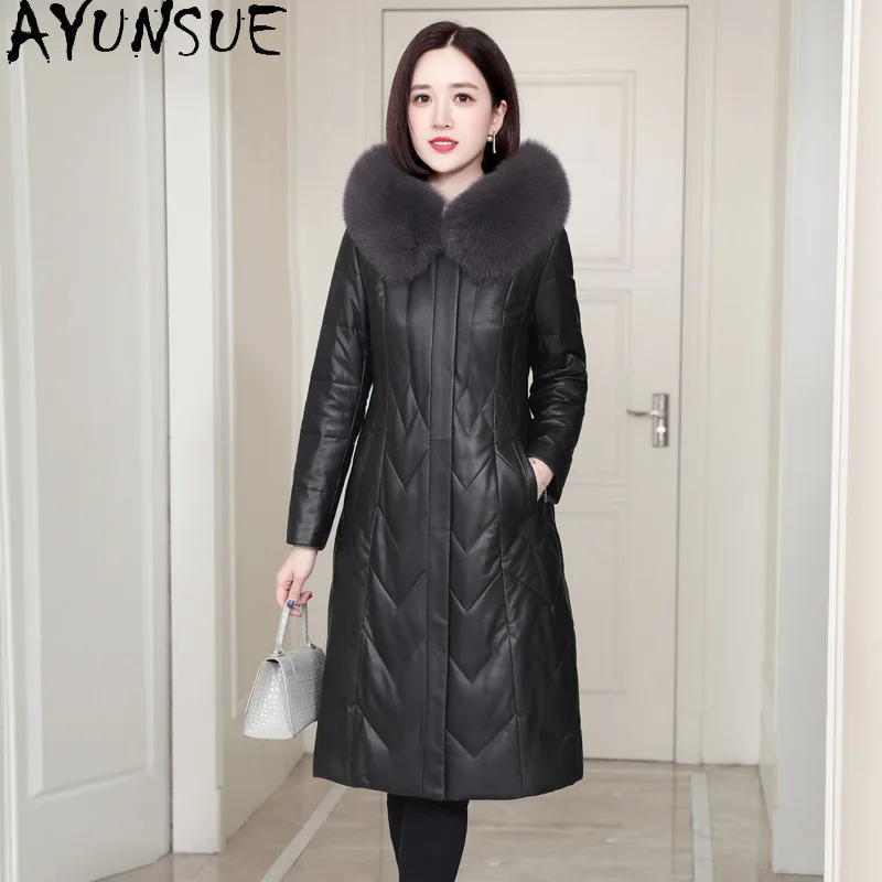 

AYUNSUE куртка из 100% натуральной овчины, женская теплая зимняя одежда с воротником из лисьего меха, женские пальто средней длины на белом утином пуху