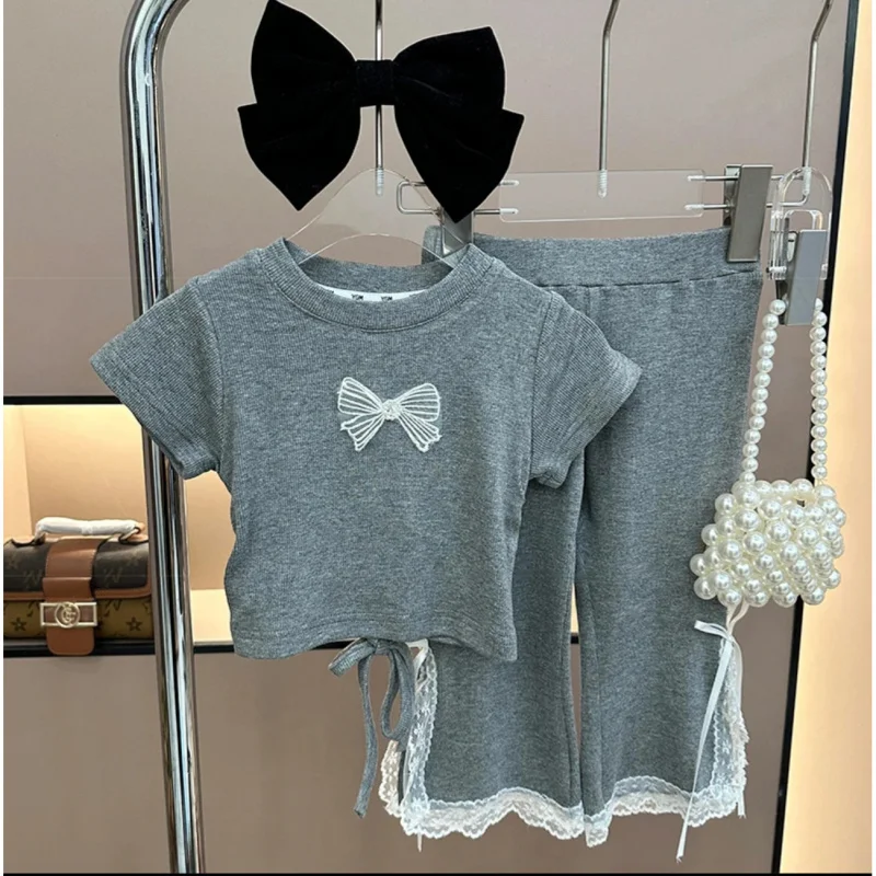 

2025Summer Lace Trim Bow Short SleeveTShirt Top+Flared Pants Two-Piece Set for Kids Stylish Outfit