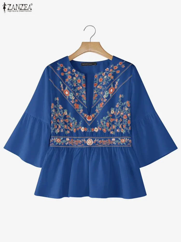 ZANZEA Donna Bohemain Camicetta stampata Camicia estiva Elegante scollo a V Manica a 3/4 Top da vacanza Donna Orlo arricciato Lavoro Blusas Oversize