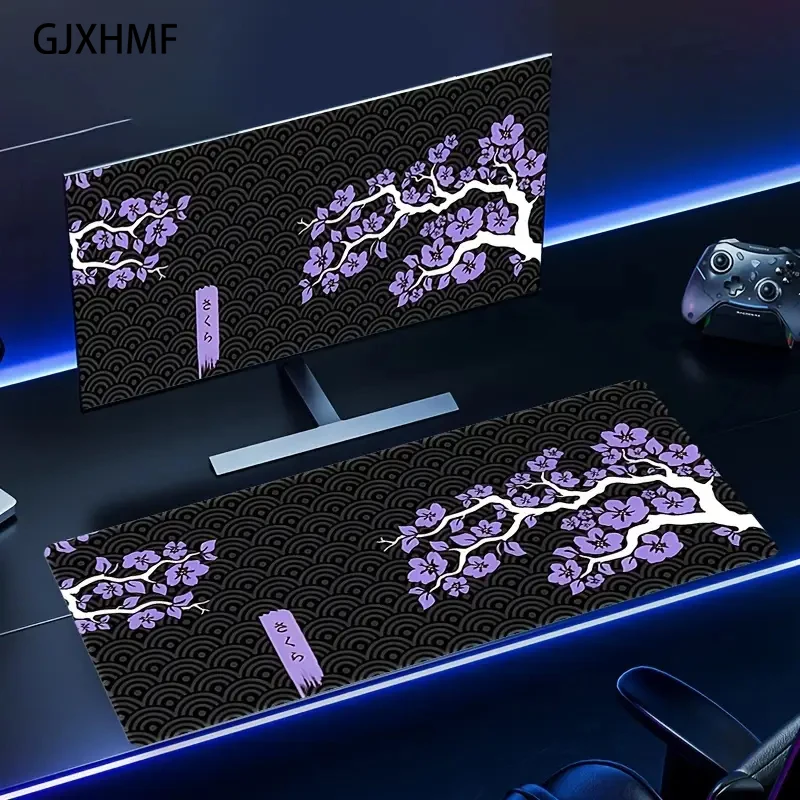 Large Sakura Cherry Blossom Gaming Mouse Pad,High Durability Keyboard Mat,Floral Purple Design,Smooth Surface,Laptop Desk Pad