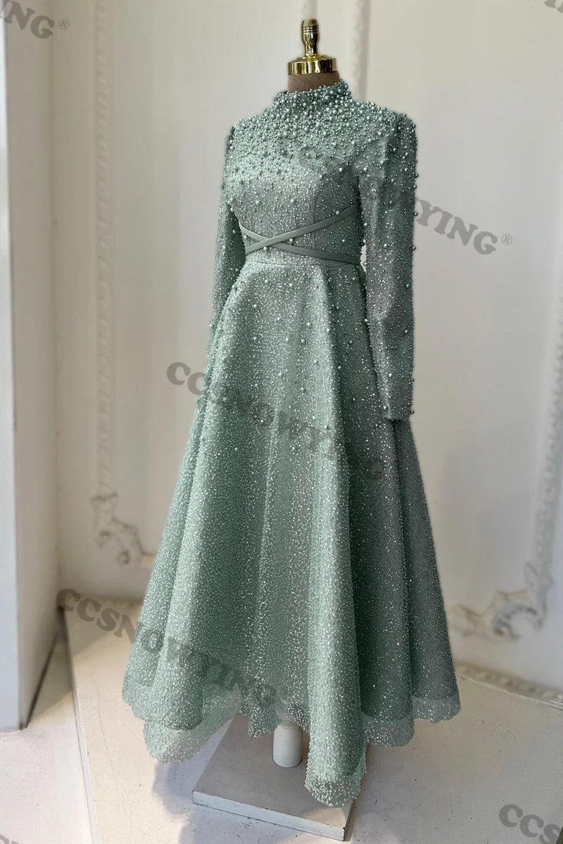 Abiti da sera musulmani con paillettes scintillanti in rilievo Manica lunga Hijab Abito da festa formale islamico Arabo Dubai Donna Robe De Soiree