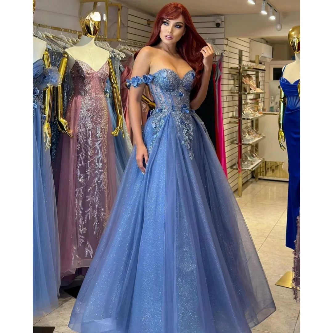 

Grey-blue Glitter Prom Dresses 3D Flowers Tulle Prom Formal Occasions Party Dresse 2025 Vestidos De Noche Custom Made