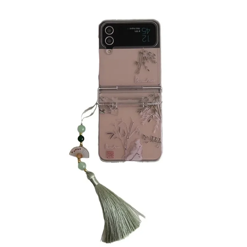 Chinese Style Bamboo Leaves Phone Case for Samsung Galaxy Z Flip6 4 3 Hard Cover for ZFlip3 Zflip4 Zflip5 Solid Shell Bracket