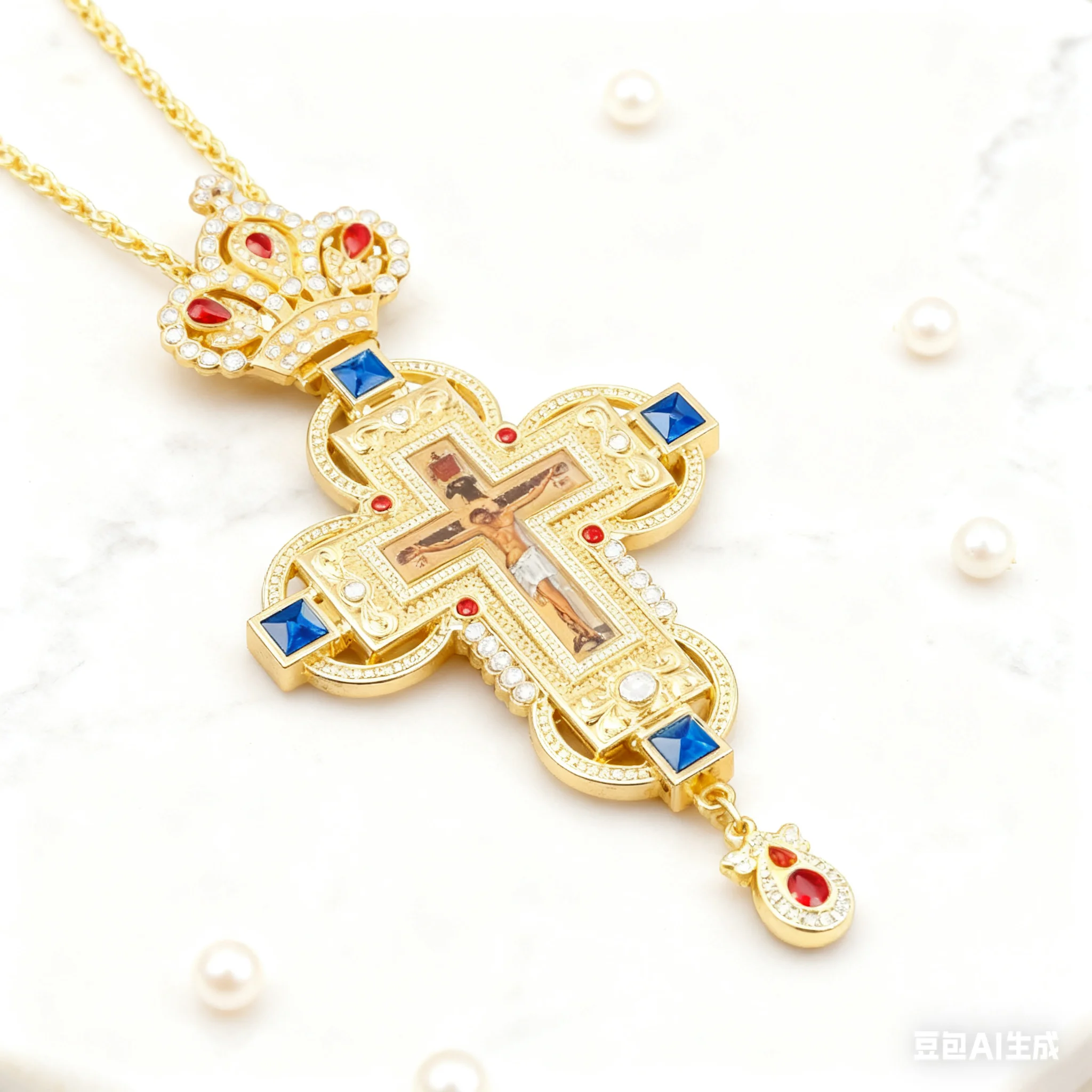 

Orthodox Christian Cross Pendant Gold Plated with Red Blue Crystal and Crown Design 100cm Chain Christian Faith Gift for Pastor