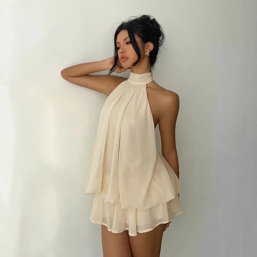 Damen Chiffon-Minikleid mit Neckholder, ärmellos, mehrlagig, mit Rüschen, fließend, einfarbig, locker, A-Linie, Sommer-Party, Strand, Freizeit-Sommerkleid – Detail 24