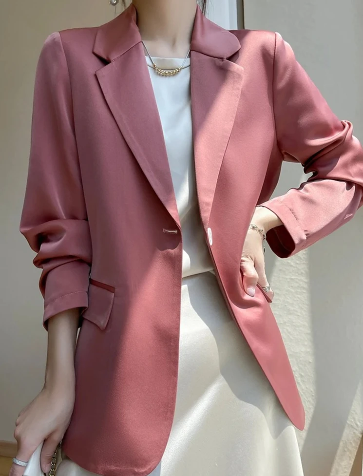 여성 블레이저 봄 여름 신상 패션 한국 실크 새틴 탑 재킷 싱글 버튼 수트 블레이저 아우터웨어