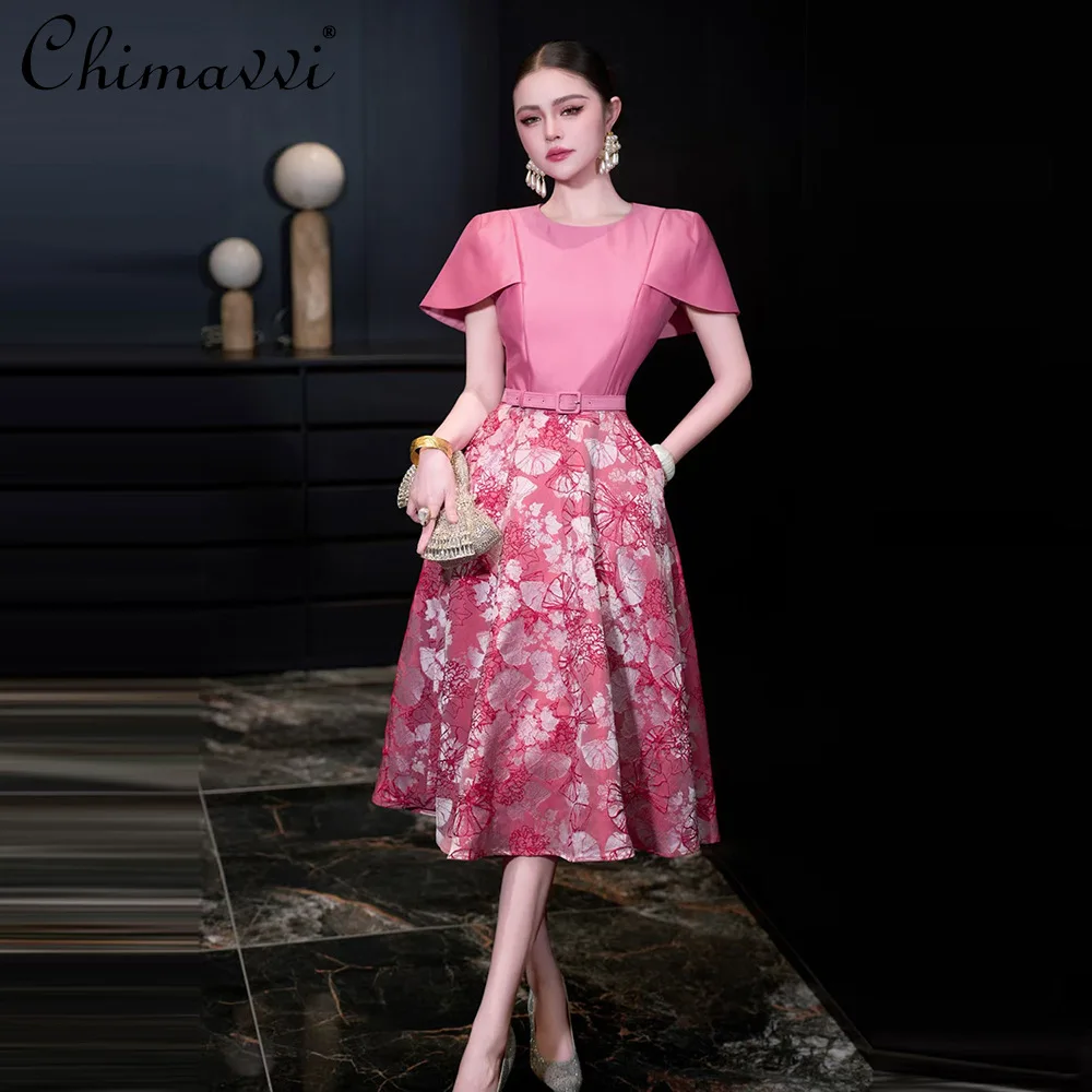 

2026 Summer French Elegant Fashion Socialite Crew Neck Short Sleeve High Waist Belt A-line Fashion Jacquard Long Dress For Women