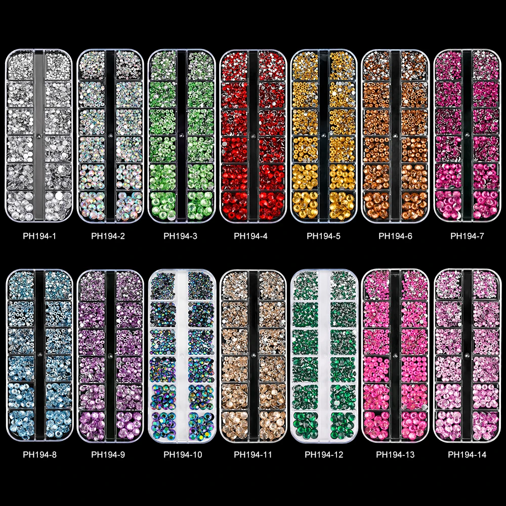 12Grids Rose red Rhinestones 3D Glass Crystal Gems SS4~SS16 Round Flat back Dazzling Diamond Nail Art decorations for Nail Salon