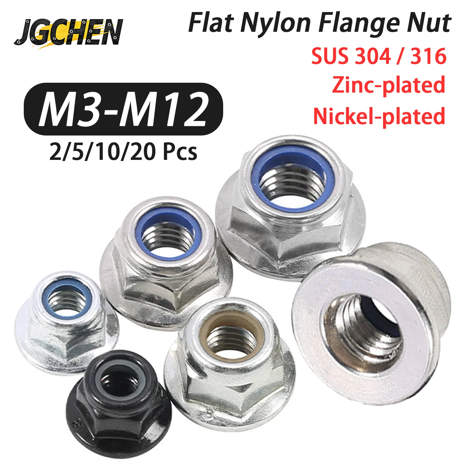 M3 M4 M5 M6 M8 M10 M12 316 / 304 Stainless Steel Black Carbon Steel Hex Flange Nylon Insert Lock Nut Self-locking Nylock Locknut