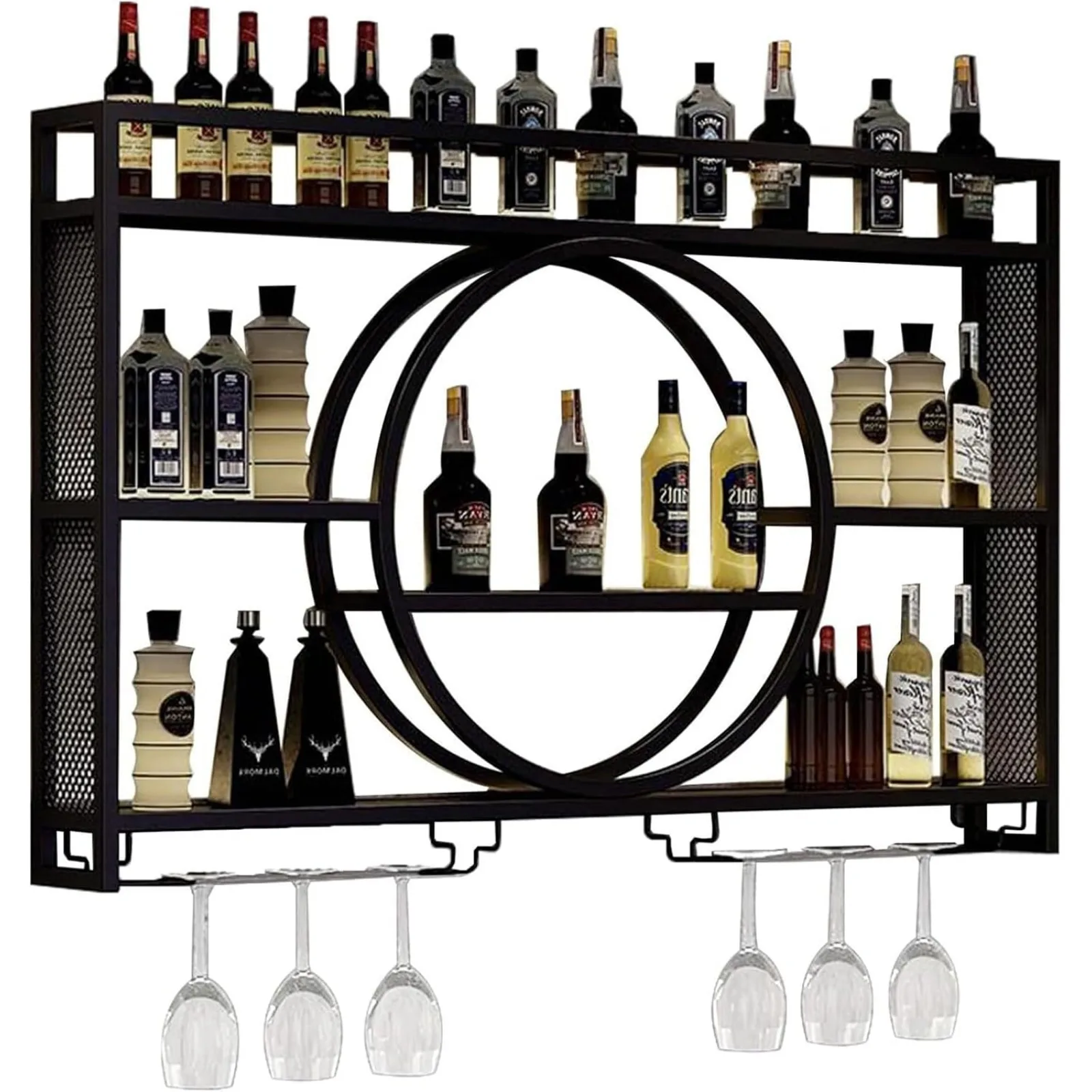 

US Modern Wine Storage Rack Wall Mounted With LED Light With Wine Glass Holder,Iron Bar Liquor Shelf,Floating Wall Wine Shelves,