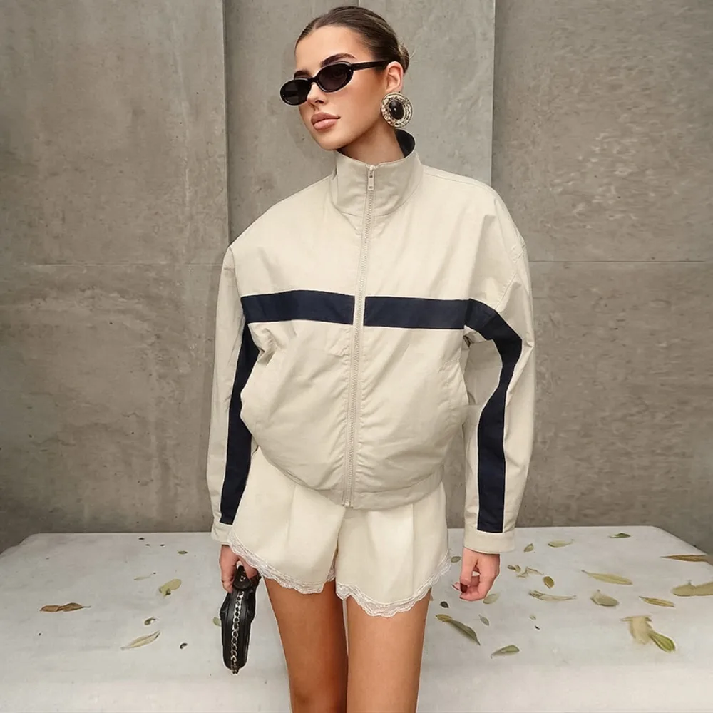 Color Blocking Baseball Pilot Sports Jacket Spring and Autumn Women's Retro Loose Acrylic Breathable Quick Drying Casual Jacket