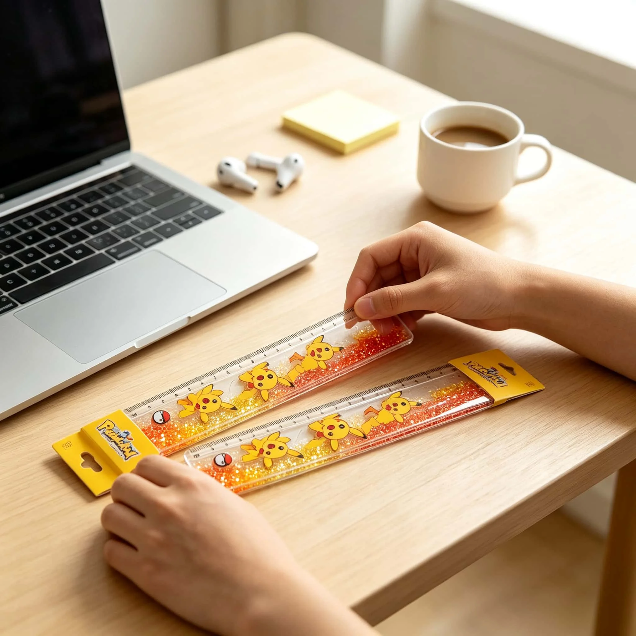Cartoon anime cute little elf flowing sand ruler, student drawing straight and wavy lines, multi-functional ruler for adding oil