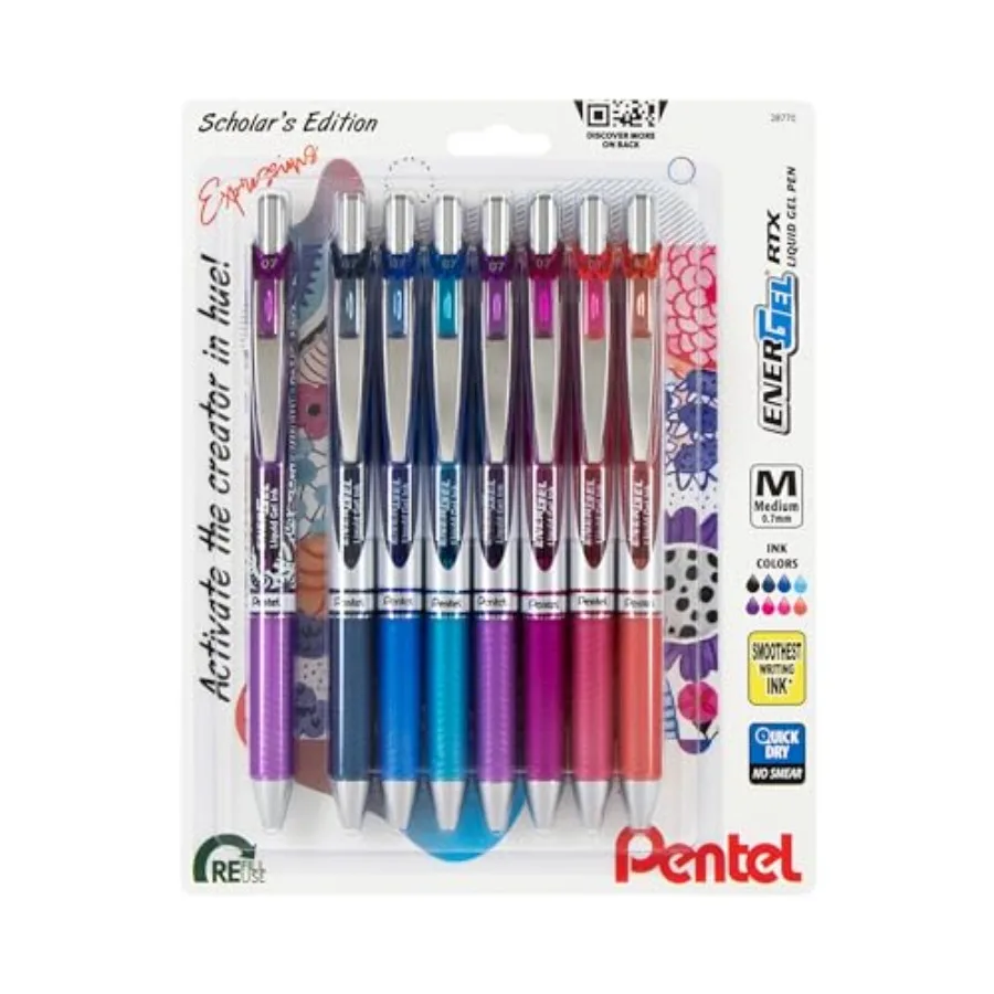 

EnerGel RTX Retractable Liquid Gel Pen, Expressions Pack, 0.7mm, Metal Tip, Medium Line, Assorted Ink, Pack of 8 Pens BL77XRIGB