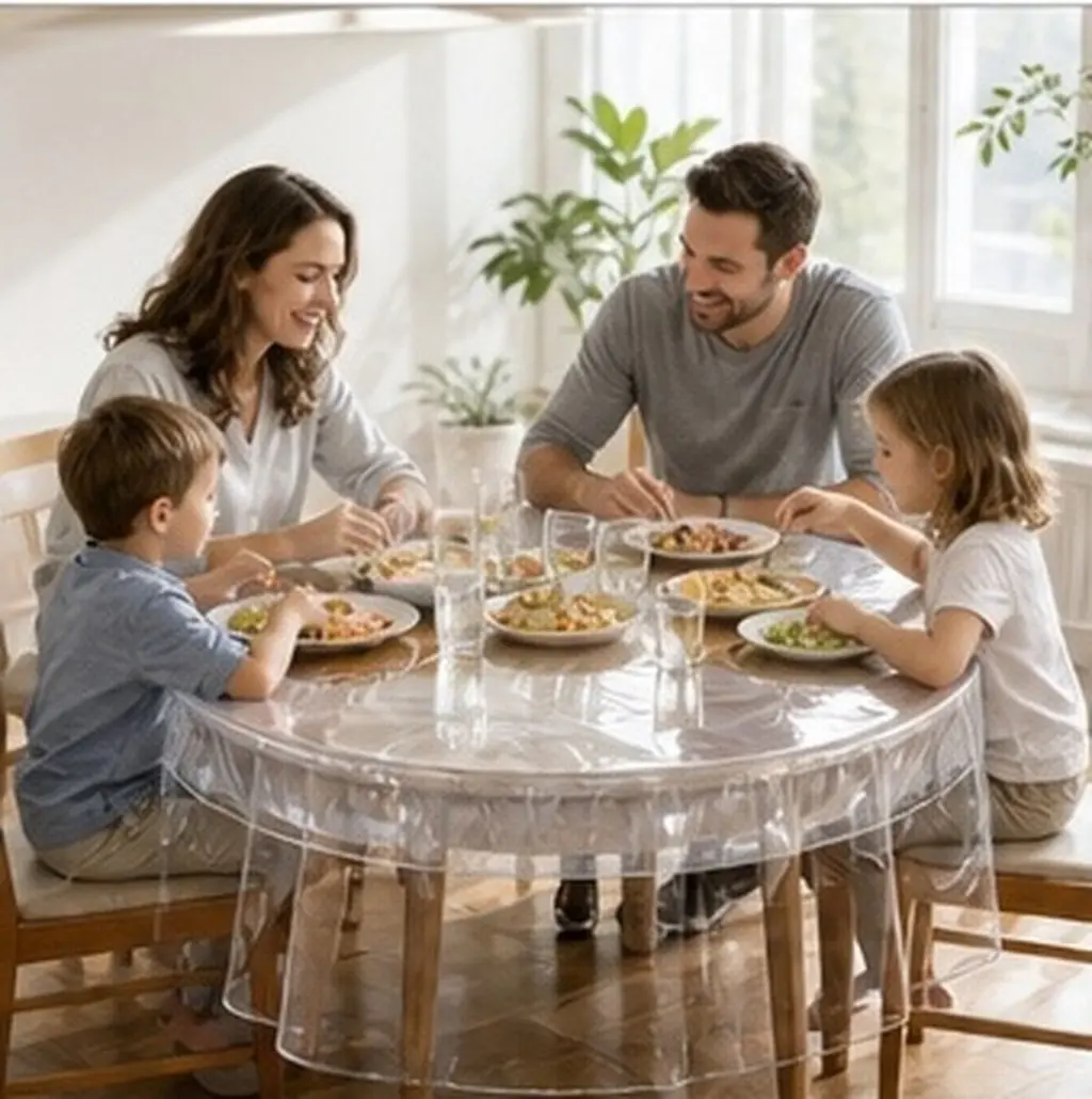 60 Inch Thick Transparent PVC Round Tablecloth Fitted Elastic Edge Non Yellowing Waterproof Table Cover for Kitchen Dining Room
