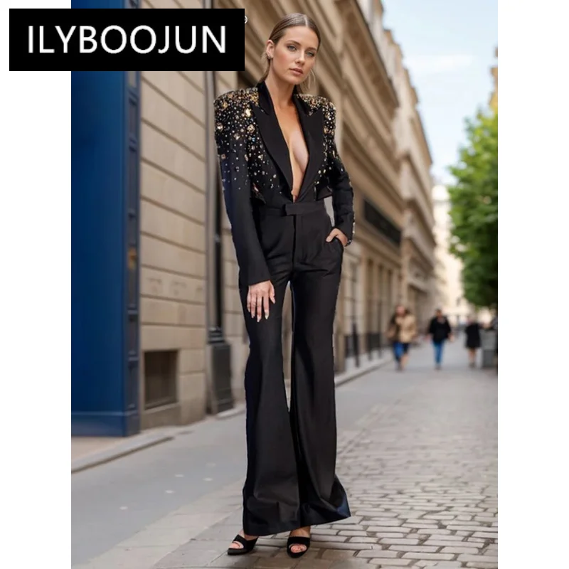 

ILYBOOJUN Solid Hollow Out Patchwork Diamonds Jumpsuits For Women Lapel Long Sleeve High Waist Temperament Jumpsuit Female