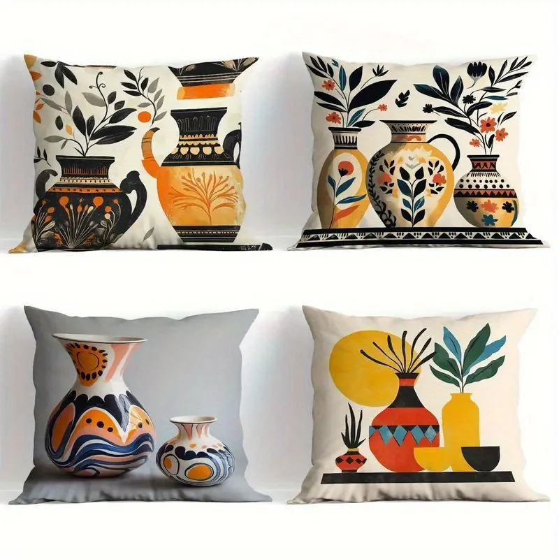 Artistic vase pattern digital printing pillow cover Short plush Suitable living rooms bedrooms sofas throw cushion cover 4pcs