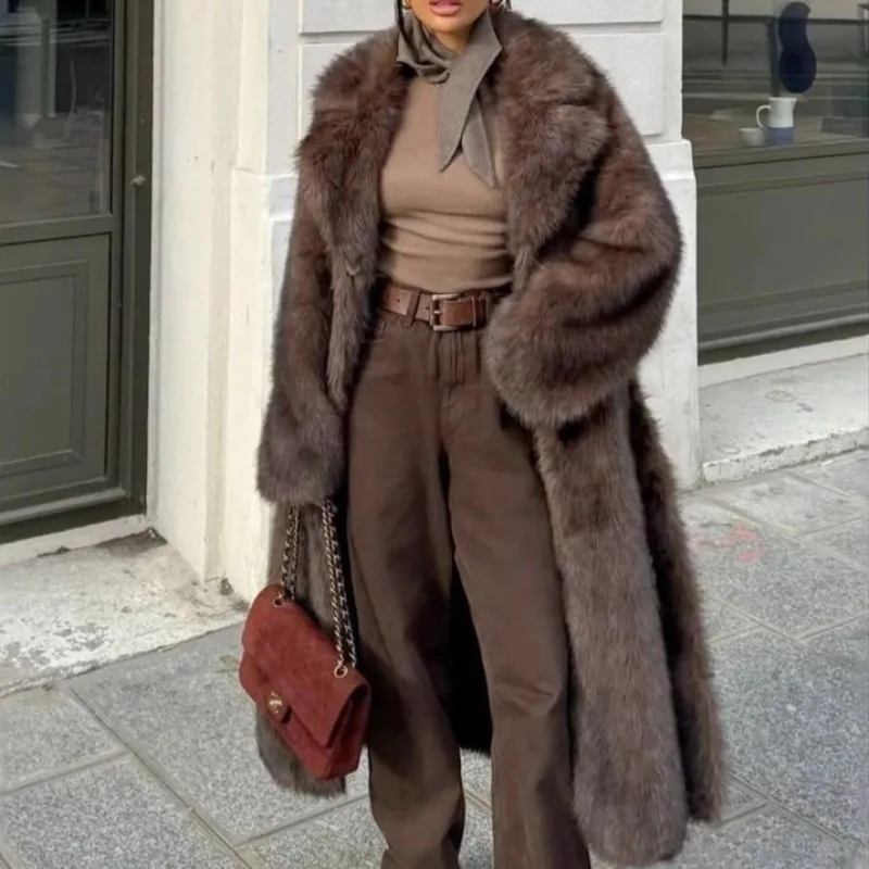 Winter brown fur coat, elongated vintage suit collar, imitation fur coat, high-end fox fur coat, women