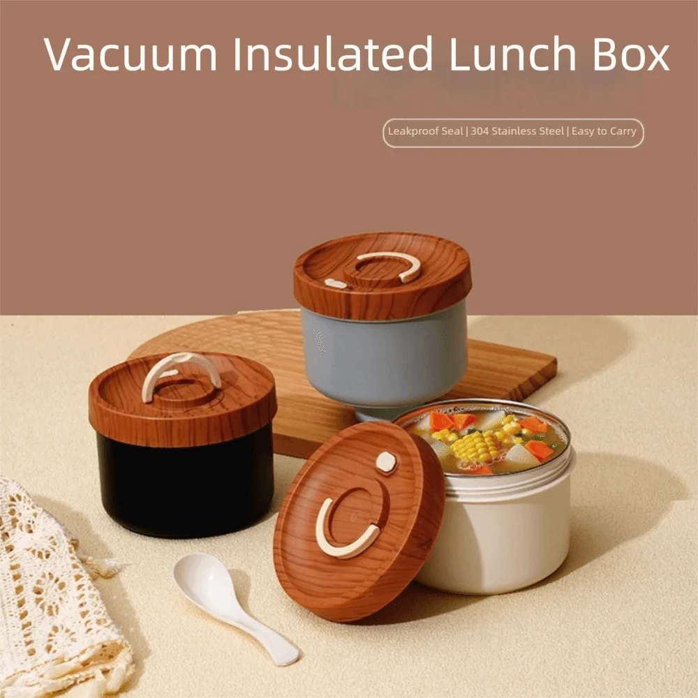 Lonchera Aislada de Acero Inoxidable de Doble Capa con Tapa de Madera, Contenedor Apilable para Almacenamiento de Alimentos con Cuchara