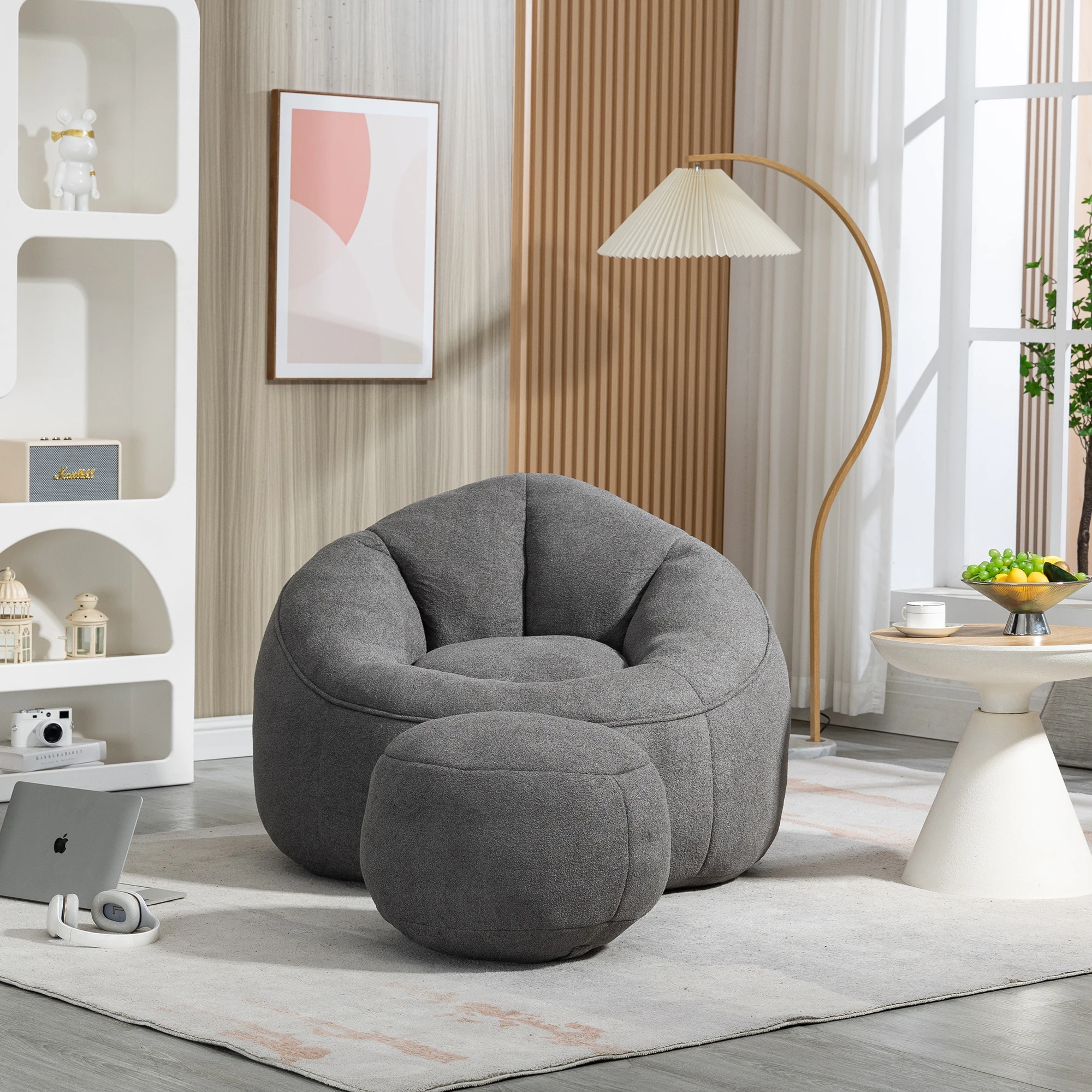 

One Seat Faux Fur Bean Bag Sofa Light Beige Striped Machine Washable Cover Compact Seating for Dorm Room and Rental Apartment